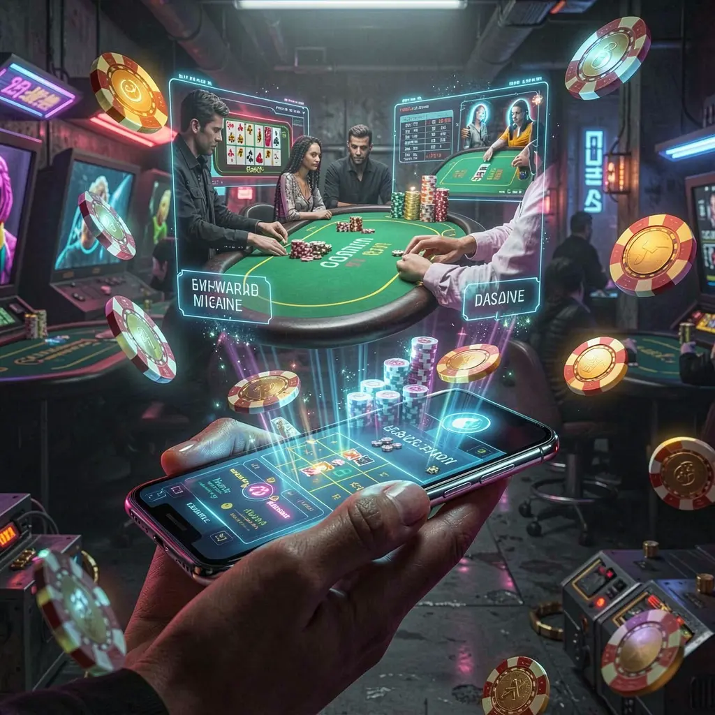 Futuristic holographic casino scene with glowing chips and projected game interfaces above a smartphone highlighting the FFFPH mobile app