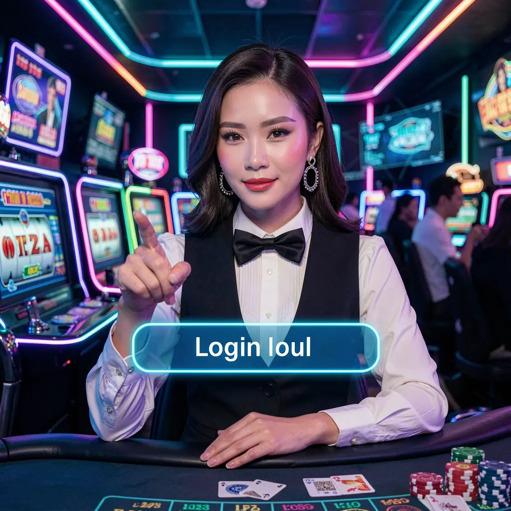 FFFPH Login – Easy and fast account access for Filipino players Confident Filipino live casino dealer in a vest and bow tie reaching toward a glowing login button inside the FFFPH digital casino platform